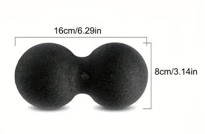 Black dual-sphere textured foam myofascia ball peanut massager with central connector for muscle relief and tension release