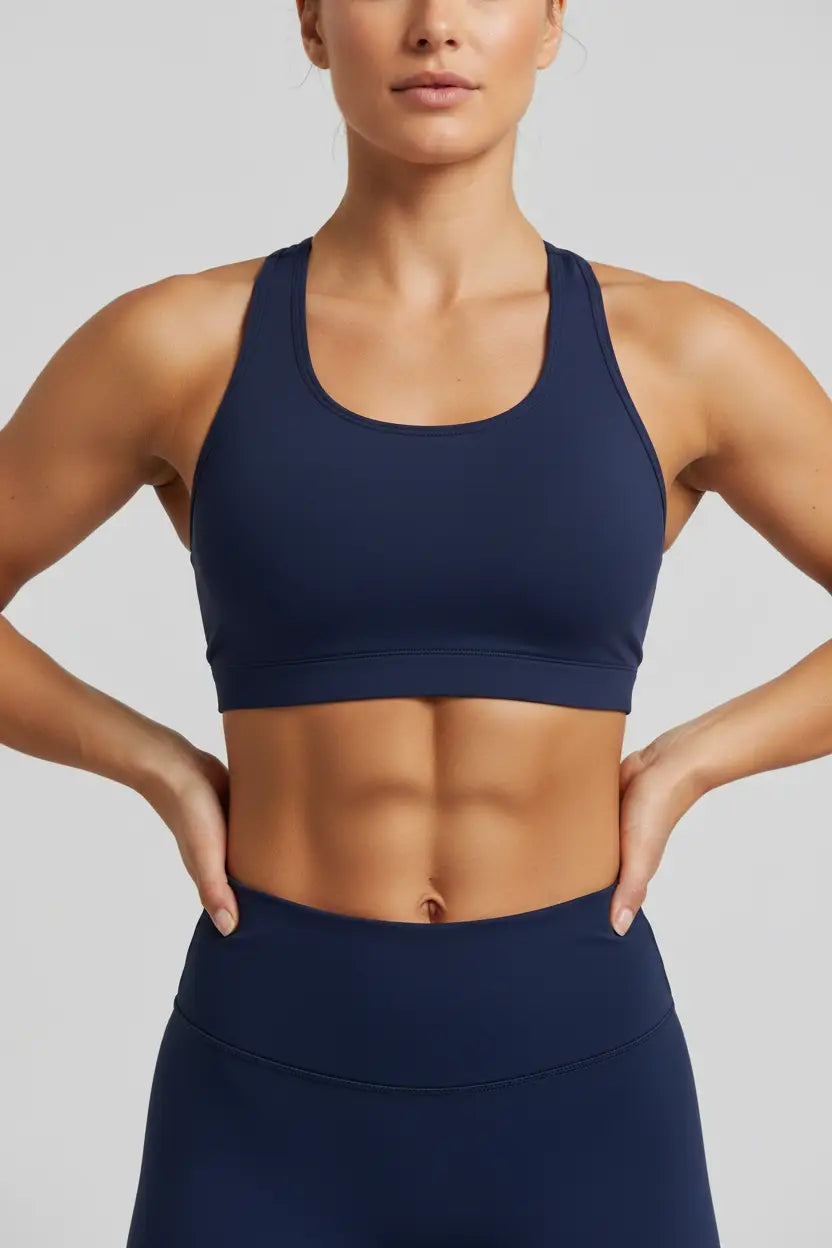 Navy Racer Back Crop Top on Model
