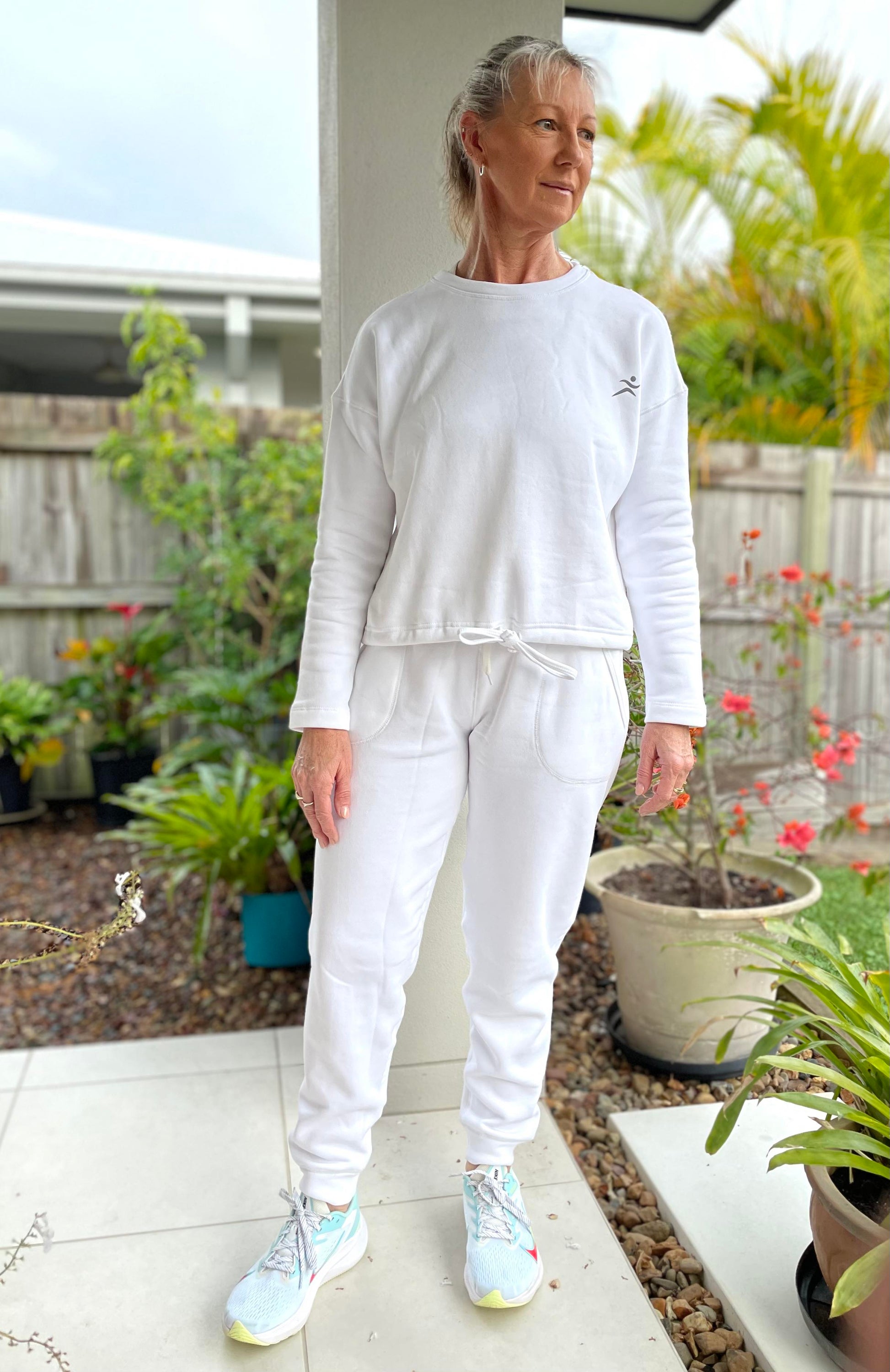 White Kozy Track Pants. Our Tracky Pants are a winter wardrobe winner. These 100% Aussie designed Cotton/Polyester women's Track Pants are incredibly comfy and so seriously cosy you'll want to wear them all year 'round.