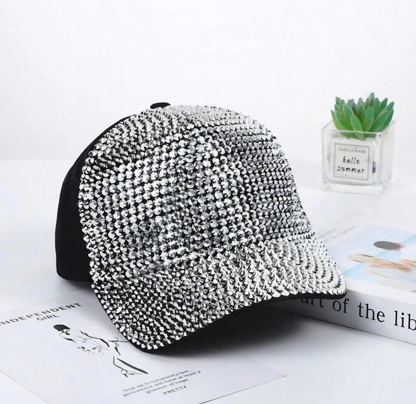 Black baseball cap rhinestone peaks with dense sparkling silver rhinestones on crown and brim vibrant jewels design