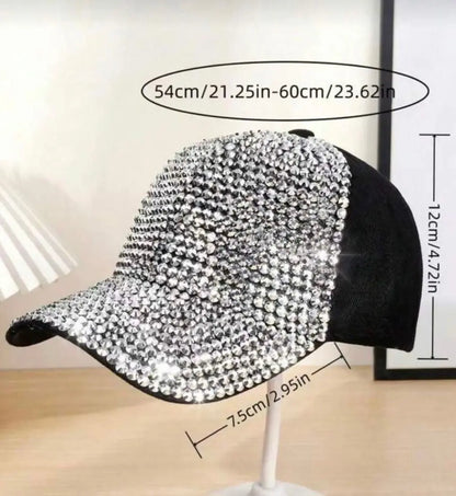 A black rhinestone peaks baseball cap with vibrant silver rhinestones on the front and brim for a sparkling look