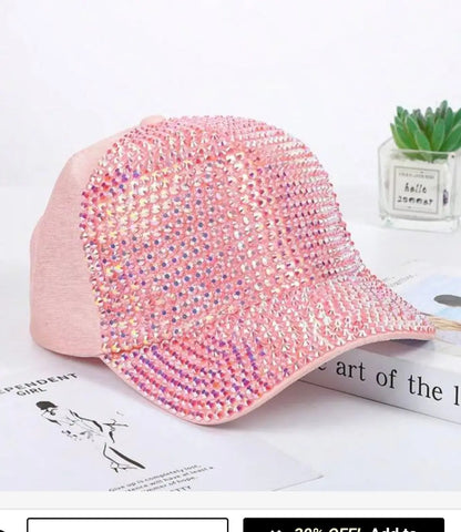 Pink rhinestone peaks baseball cap with sparkling iridescent jewels on front and brim for vibrant style