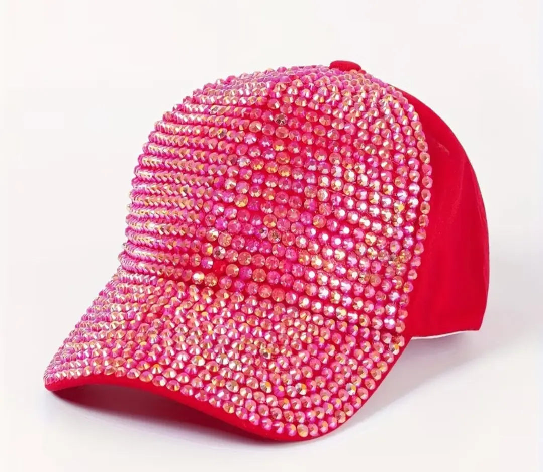 A vibrant red rhinestone peaks baseball cap featuring a dazzling mix of pink and clear rhinestones for style reach