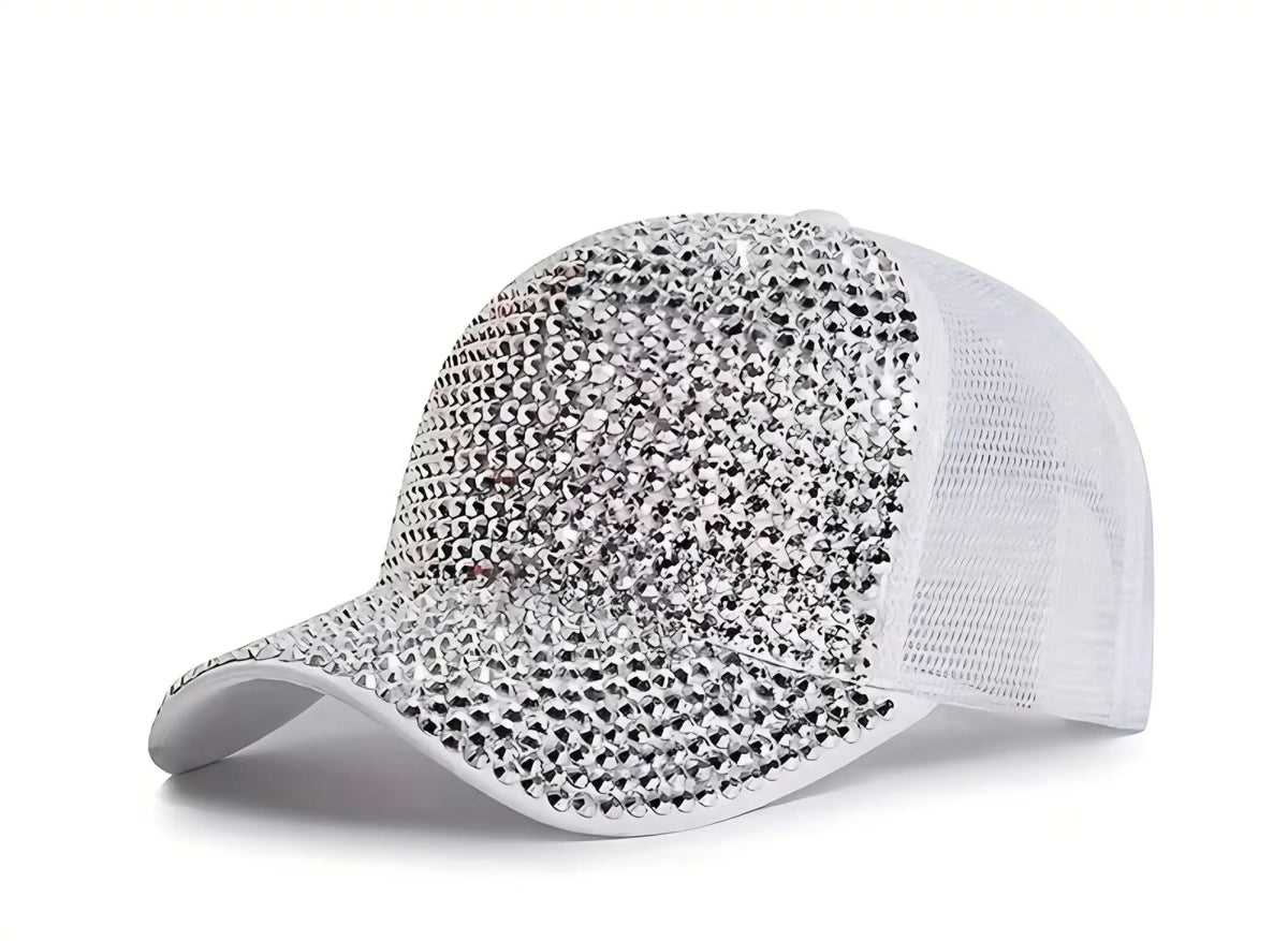 White rhinestone peaks baseball cap with mesh back and front panel featuring a dazzling mix of silver rhinestones