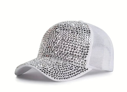 White rhinestone peaks baseball cap with mesh back and front panel featuring a dazzling mix of silver rhinestones
