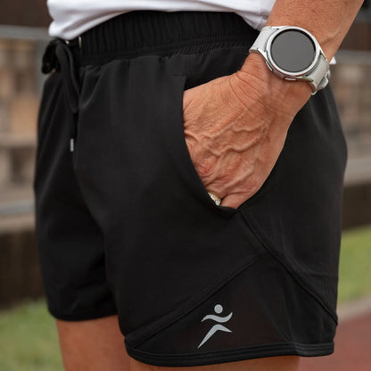 Lightweight running shorts featuring breathable mesh briefs for comfort, two convenient side pockets, and an adjustable drawstring waist.