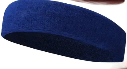 A navy blue textured fabric sweat headband with a soft slightly padded design for sweat absorption and comfort