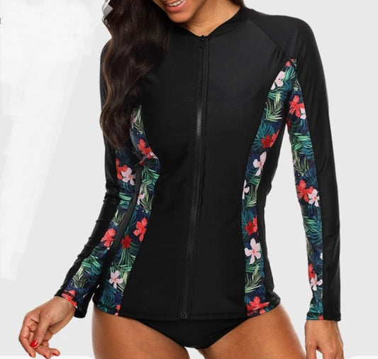 Floral Zip Rashie Top UPF 50+ Long Sleeve Black with floral side panels